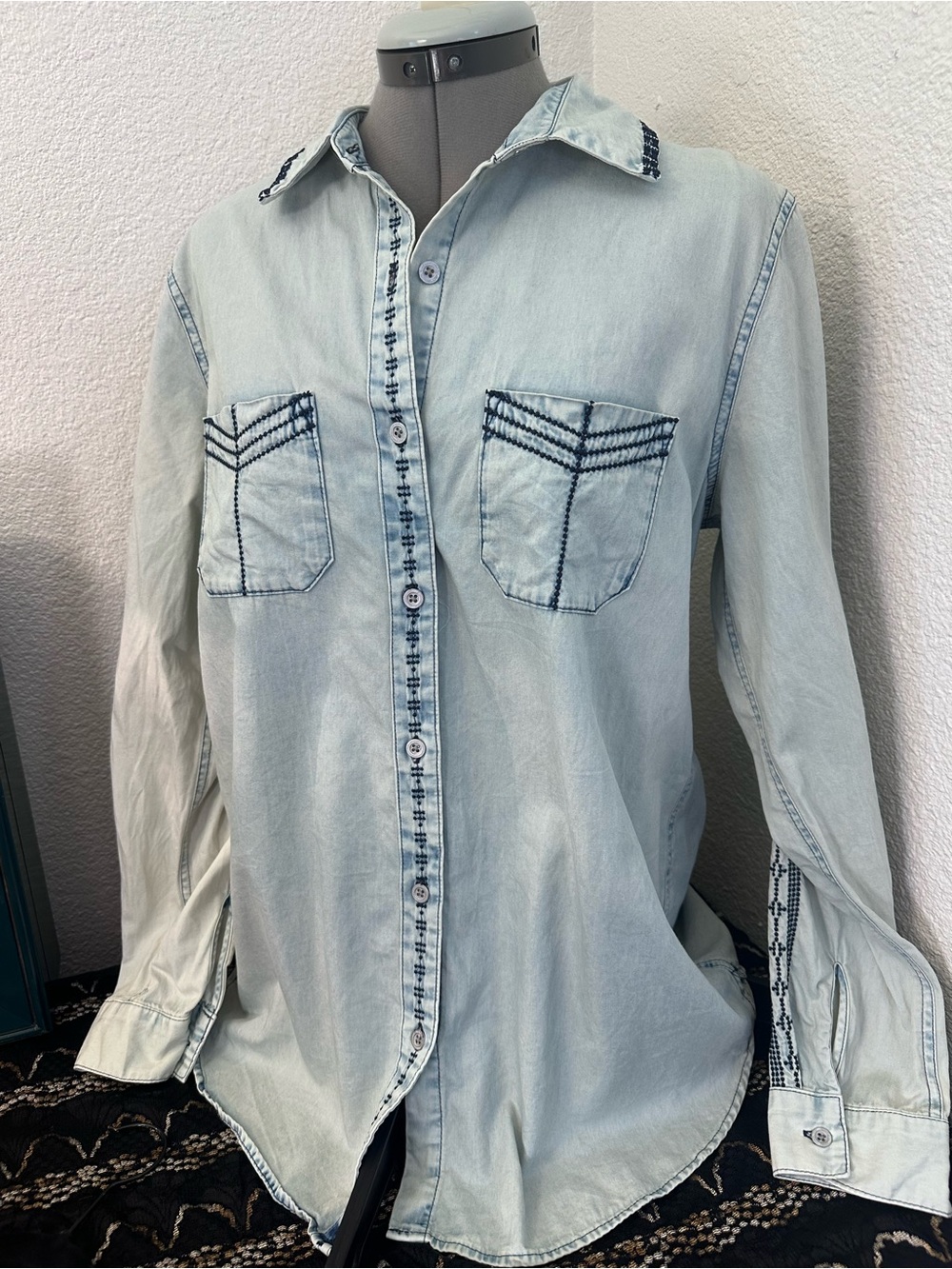 CAbi Light Wash Denim Button-Down Shirt with Navy Stitching
